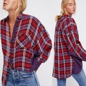 Free People Red and Blue Plaid Button-Up Shirt